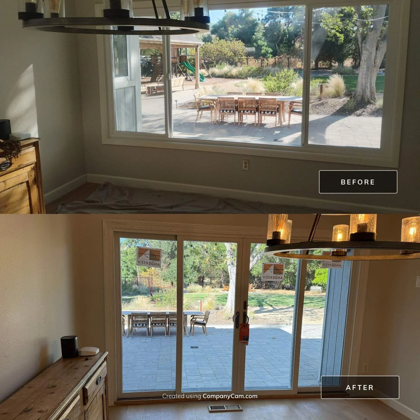 Interior before and after of Andersen E-Series 4-panel gliding patio door in Walnut Creek, CA