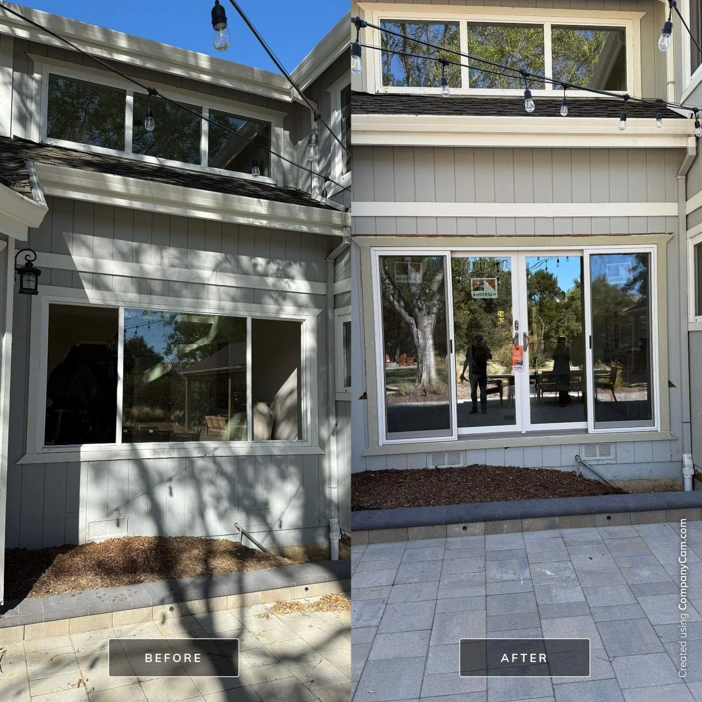 Exterior before and after of Andersen E-Series 4-panel gliding patio door in Walnut Creek, CA