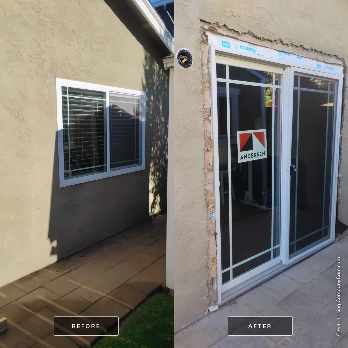 Before and after window-to-patio-door conversion in Pleasanton, showing the original sliding window and the installed Andersen 100 Series gliding patio door