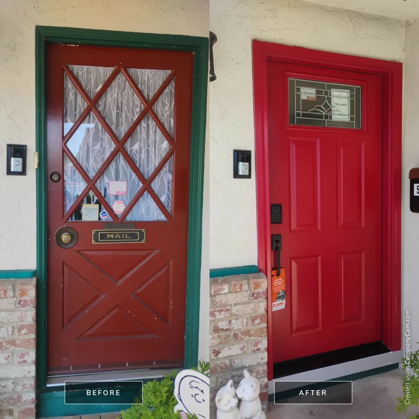 Four-panel steel front door installed by AMG Doors and Windows shown before and after