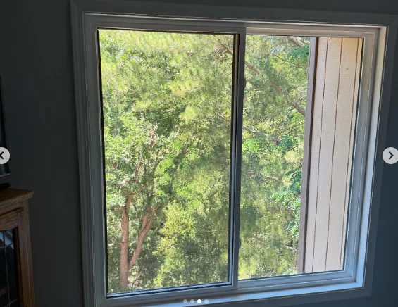 White interior Anlin sliding window overlooking mature trees in Danville