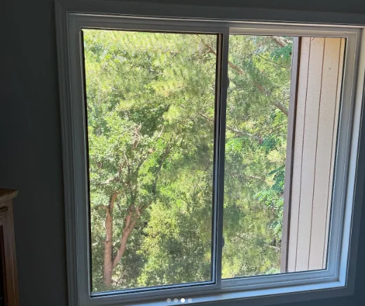 White interior Anlin sliding window overlooking mature trees in Alamo, California