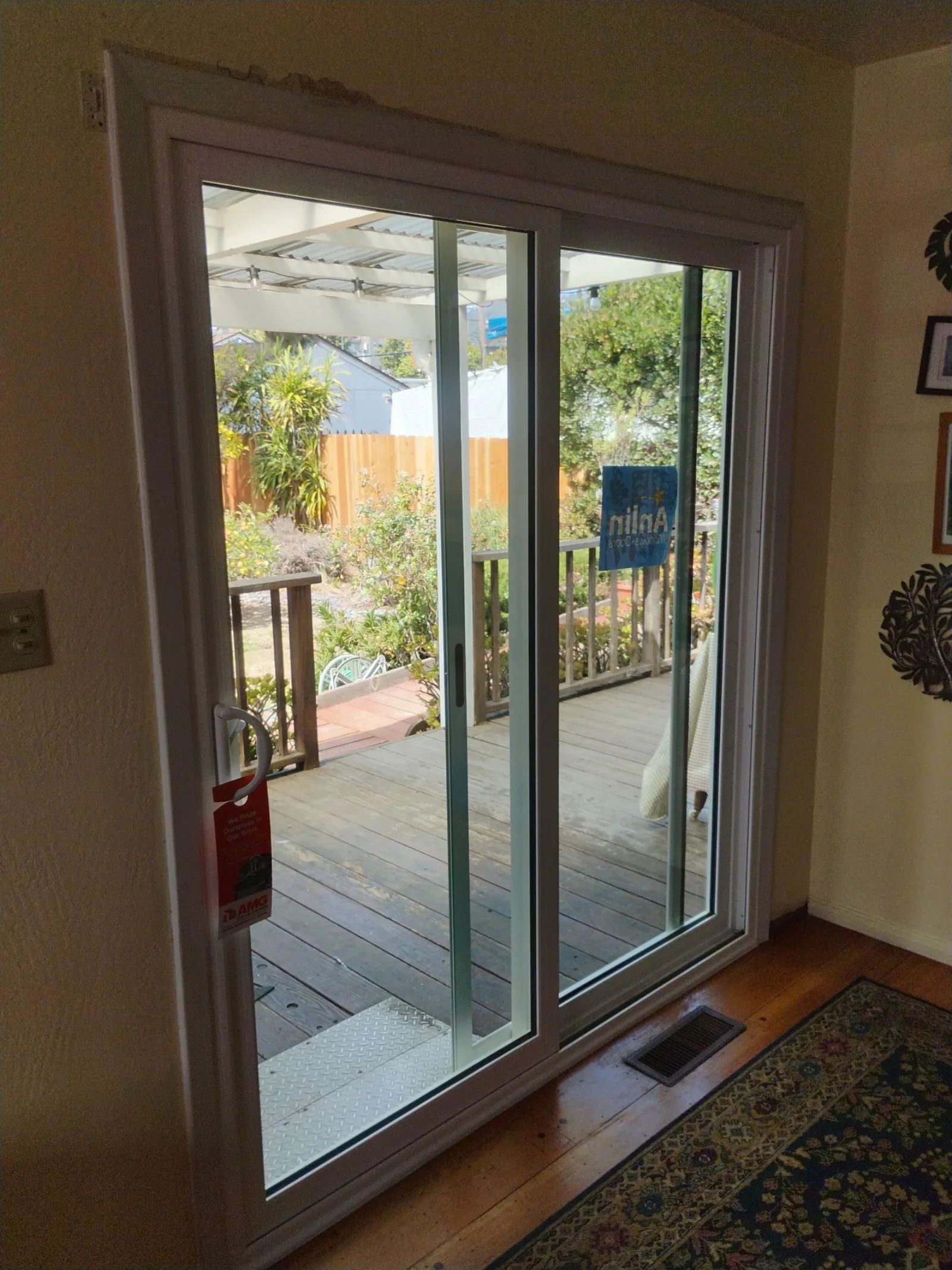 Clear double-pane Anlin patio door viewed from inside the home