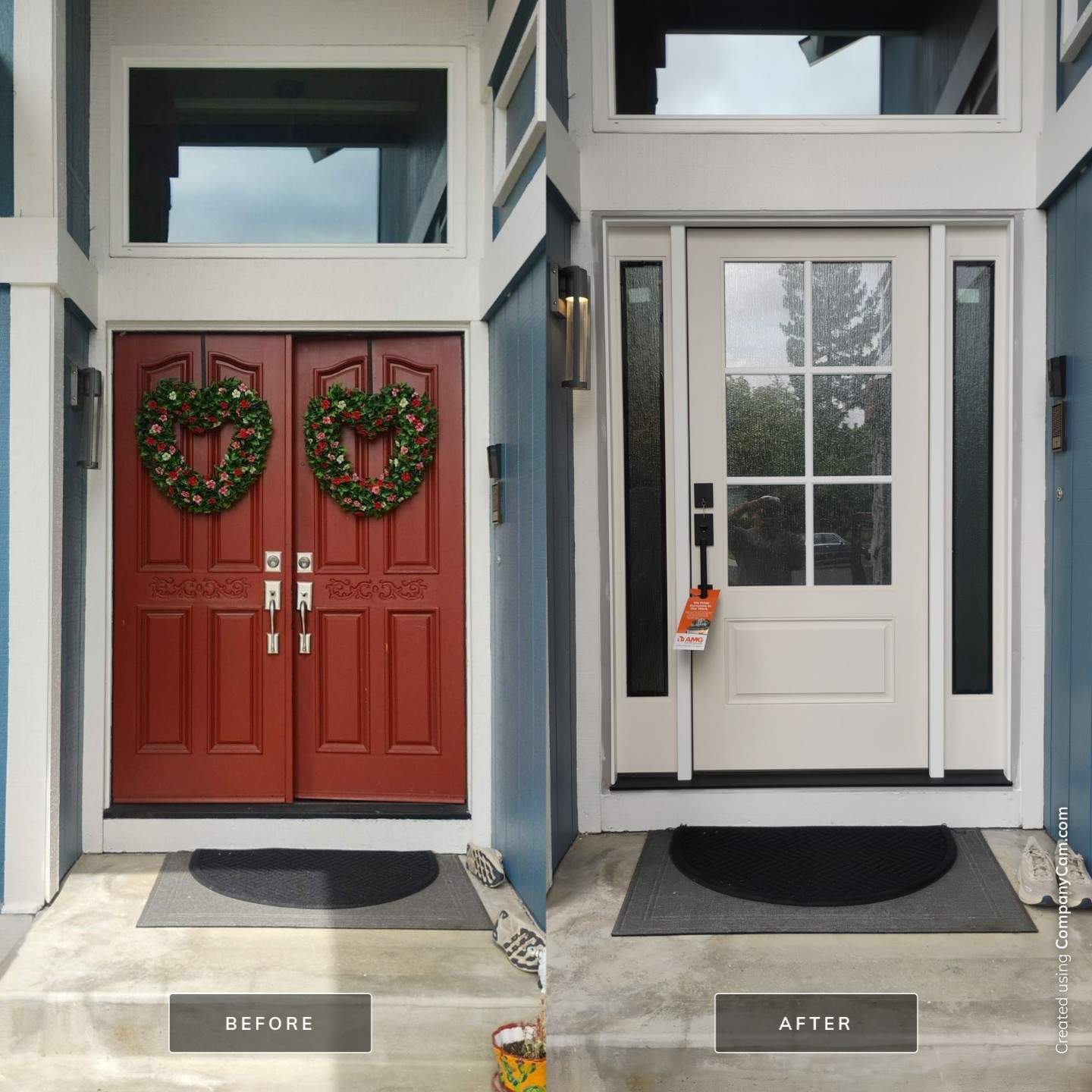 Therma-Tru Smooth-Star front door with two privacy-glass sidelights installed by AMG in Danville, California