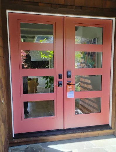 ProVia modern double front doors with horizontal glass installed by AMG in Sausalito, California