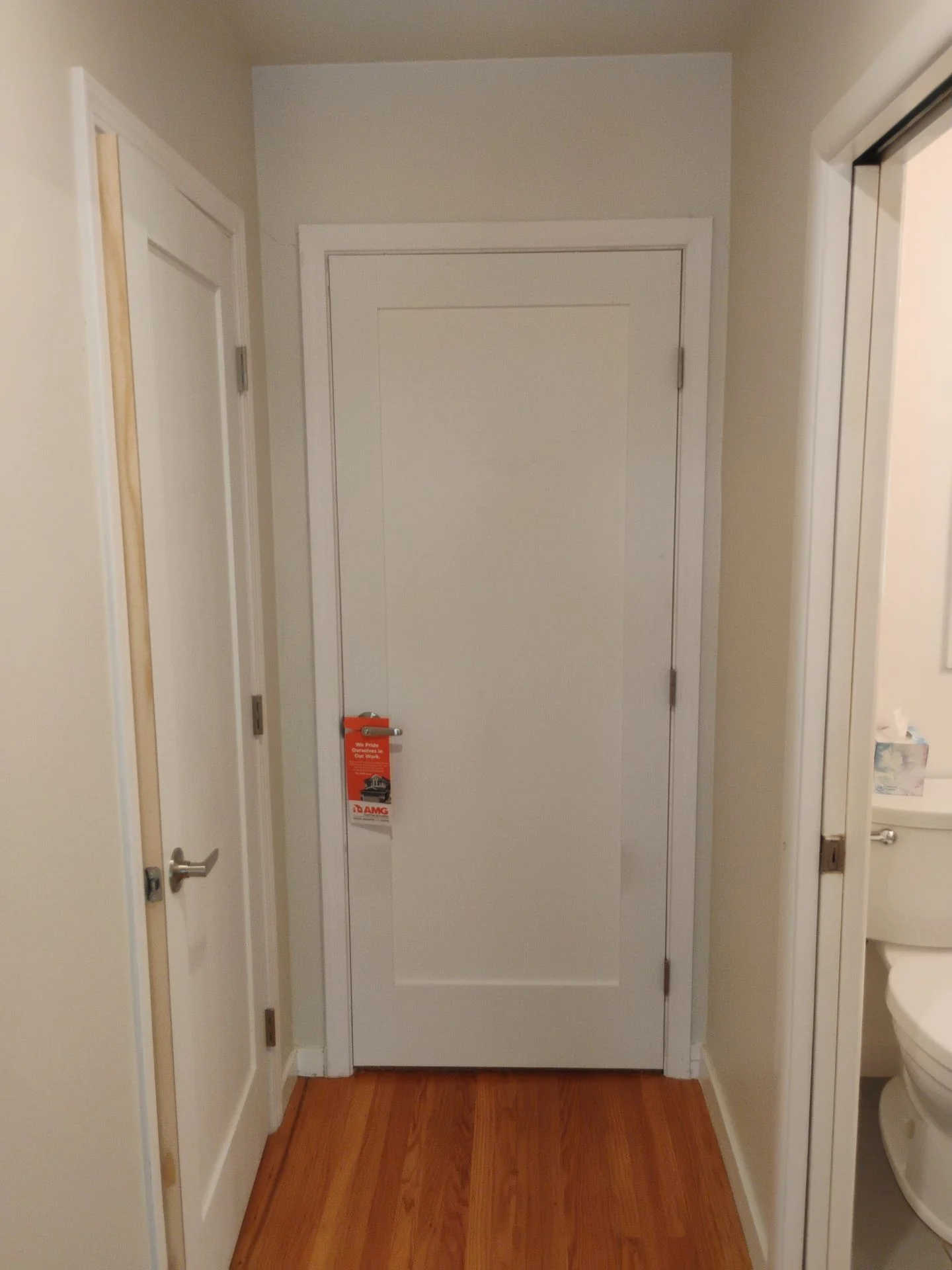 After: replacement bathroom door with satin-nickel lever hardware and new interior casing in San Carlos, CA