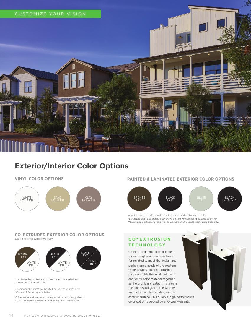 Ply Gem West brochure photo showing a co-extruded dark exterior frame next to a white interior.