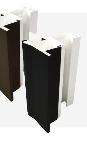 Cross-section diagram showing the co-extrusion profile — white vinyl substrate fused with a darker exterior color layer.