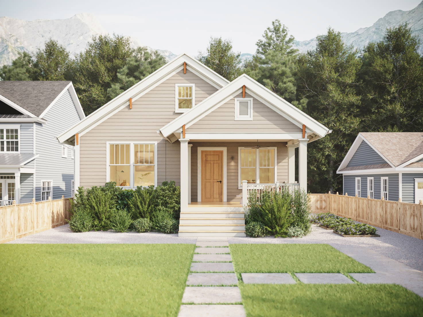 Craftsman Bungalow home with Hardie® Plank Cobble Stone with Arctic White trim