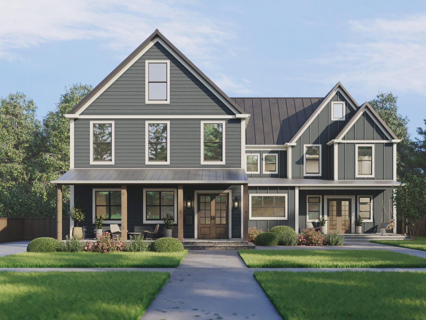 Modern Farmhouse home with Hardie® Plank + board-and-batten in Evening Blue