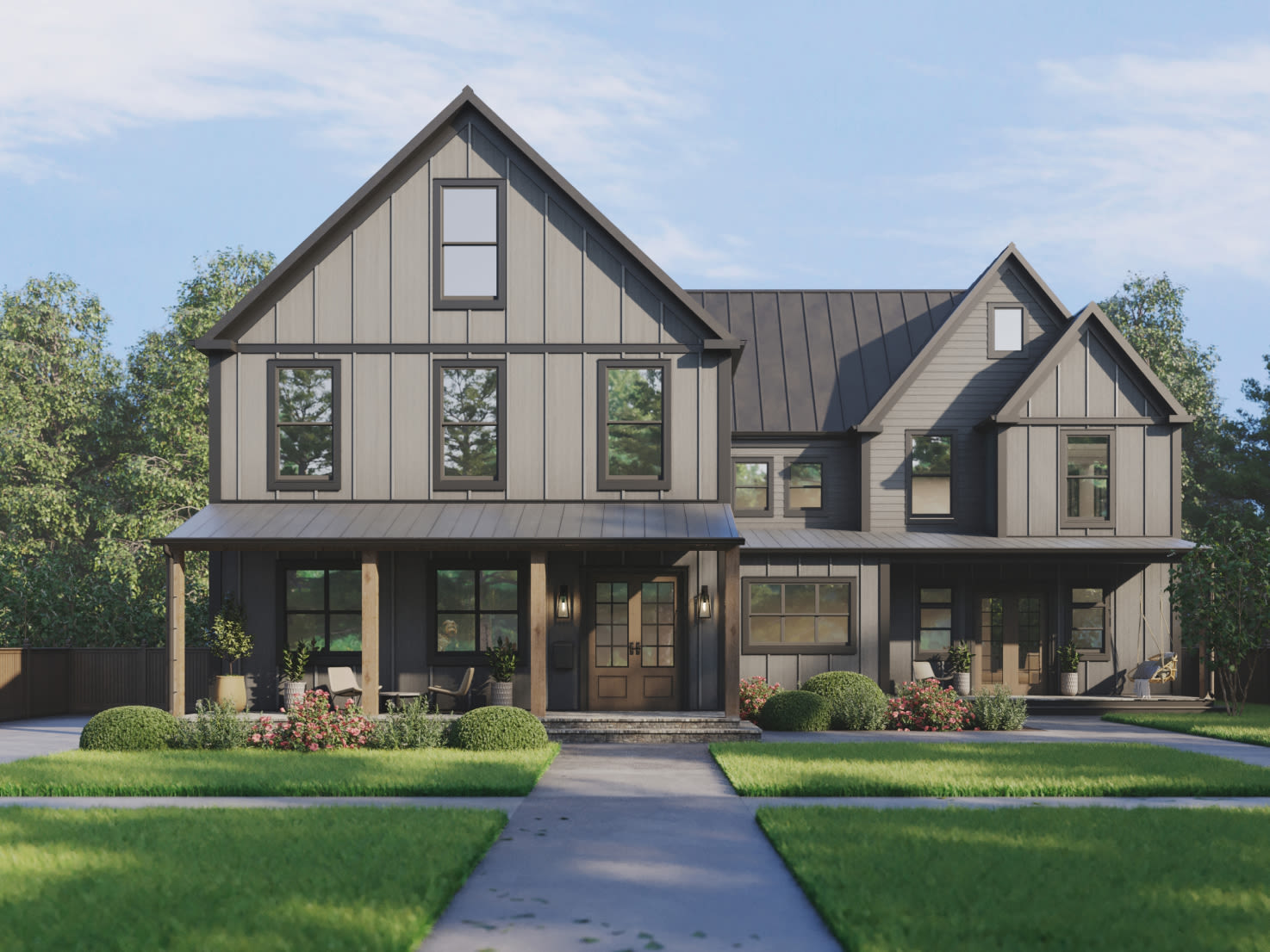 Modern Farmhouse home with Hardie® Panel batten in Night Gray with Midnight Black trim