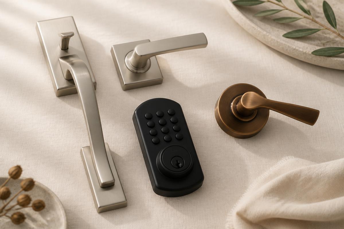 AMG door hardware collection showing handlesets, levers and keypad deadbolts in coordinated finishes
