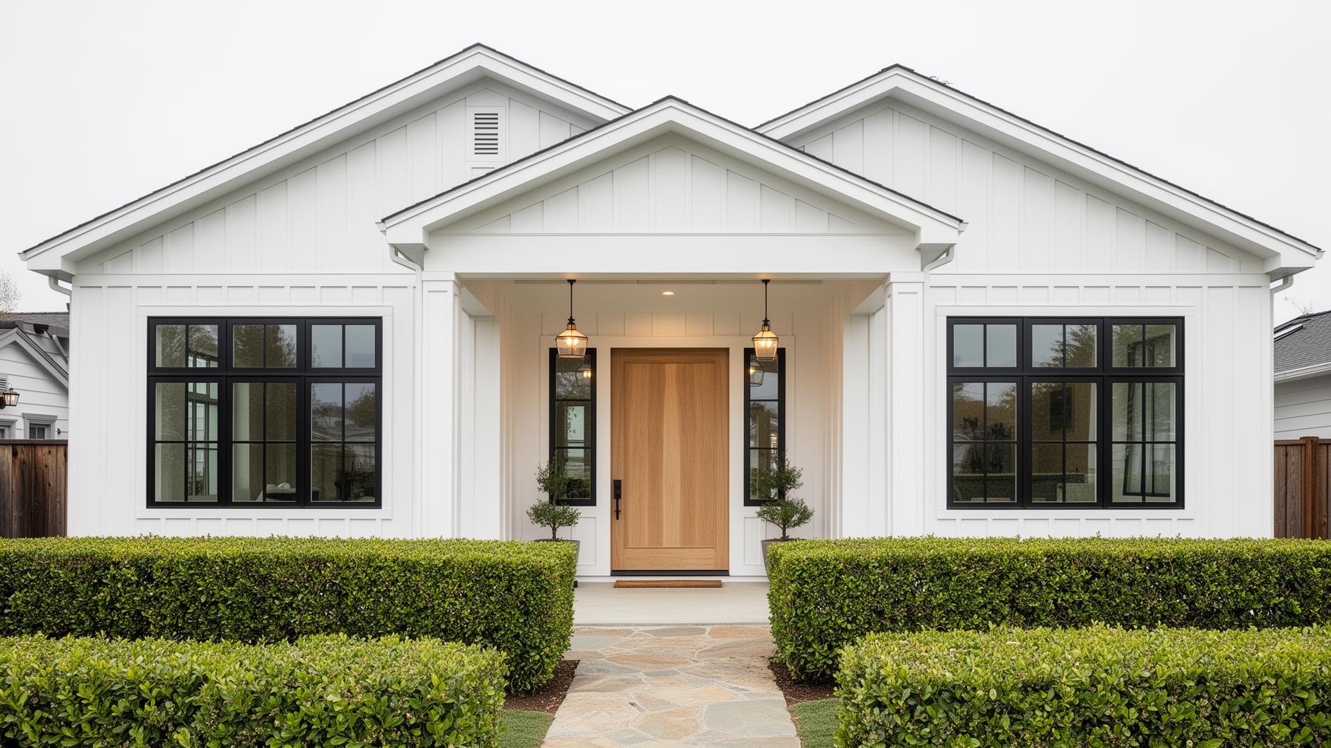 Modern farmhouse Bay Area home with James Hardie siding, black-framed windows, and oak front door installed by AMG Doors & Windows