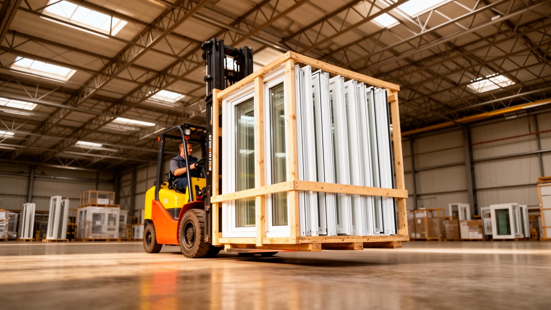 AMG Doors & Windows warehouse with new windows staged for Bay Area contractor delivery