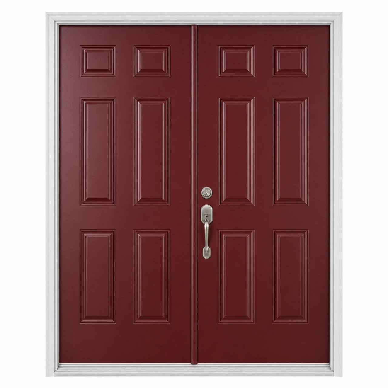 Burgundy factory-painted panel-design double entry doors with a single active handleset installed by AMG
