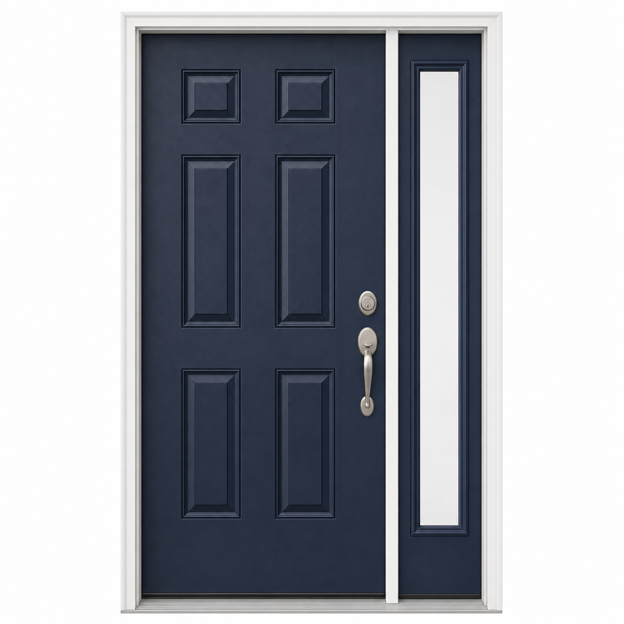 Dark blue factory-painted panel-design entry door with one standard sidelight installed by AMG