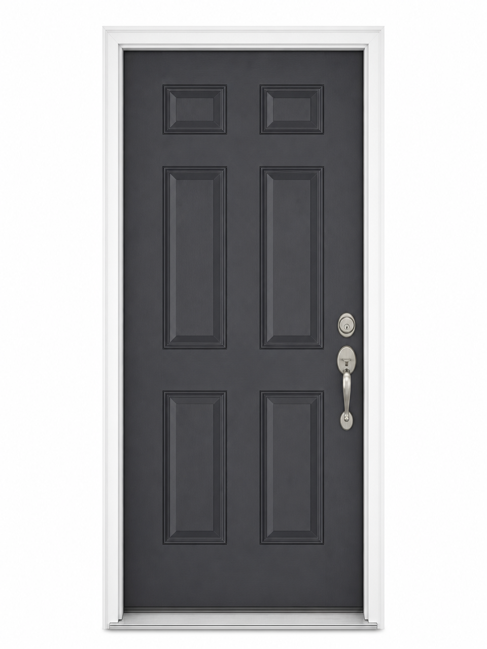 Dark charcoal factory-painted panel-design single entry door installed by AMG