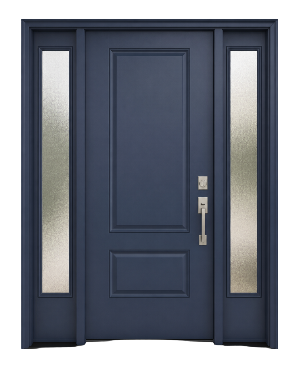Dark blue factory-painted panel-design entry door flanked by two standard sidelights installed by AMG