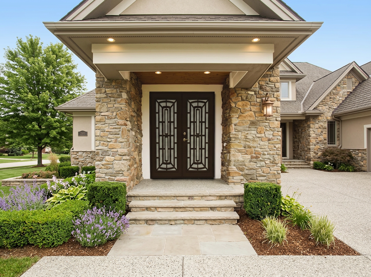Bronze Titan Security Premium decorative aluminum double security doors with see-through screens on a full stone SF - Bay Area entryway with landscaped front walk