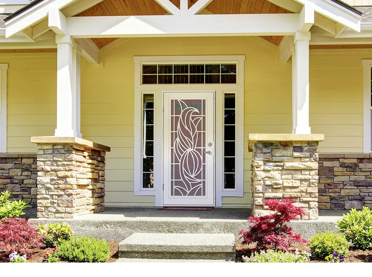 White Titan Security Premium decorative aluminum single security door with see-through screen on a full SF - Bay Area front porch with stone columns and landscaping