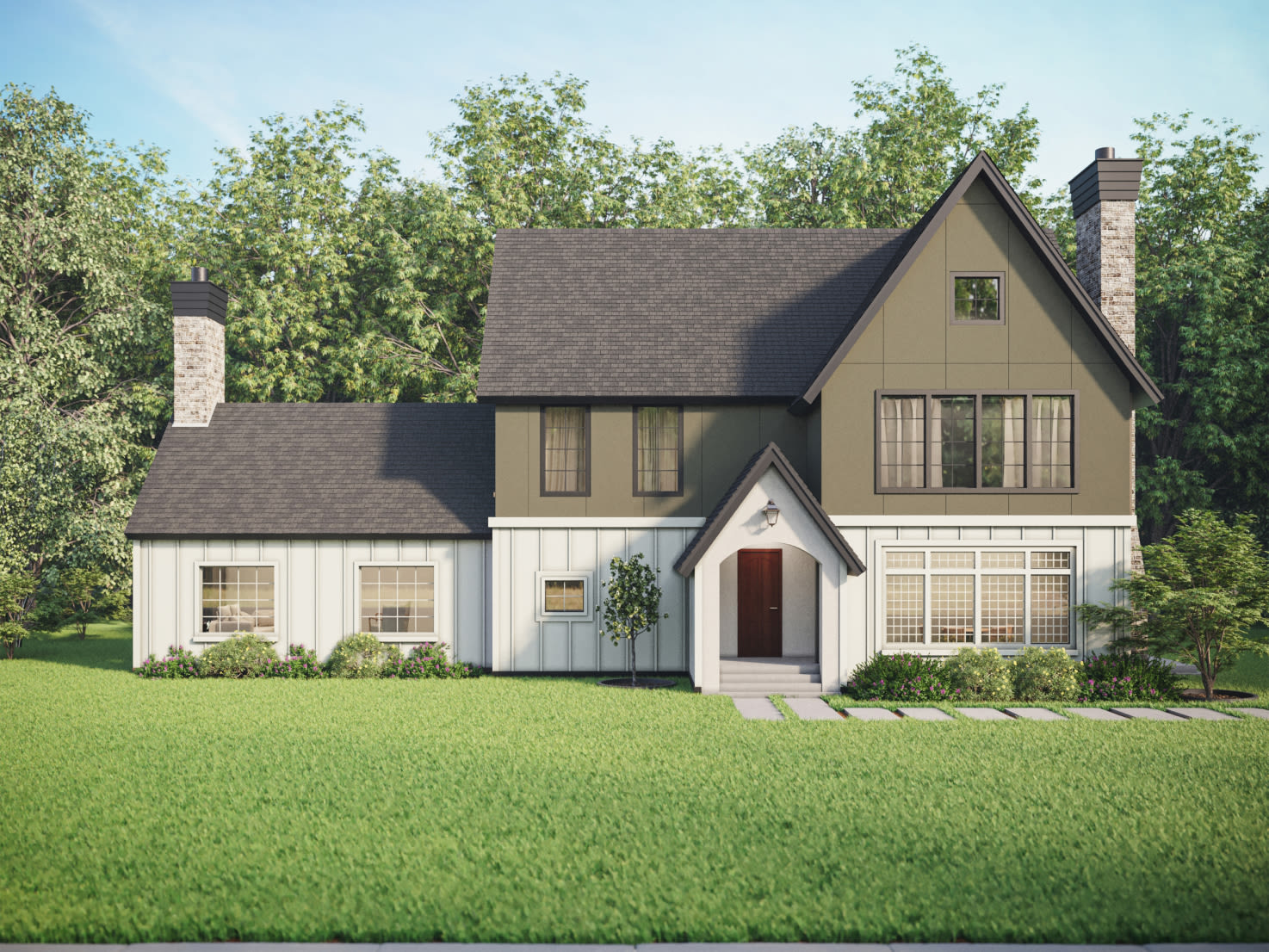 Tudor home with Architectural Panel Mountain Sage with Arctic White batten