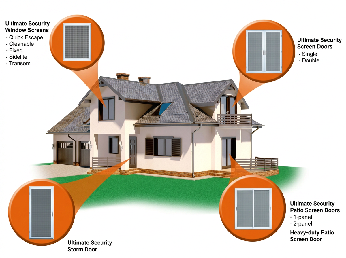 AMG Doors & Windows whole-home Titan security system — security window screens, security screen doors, security storm door, and patio security screens