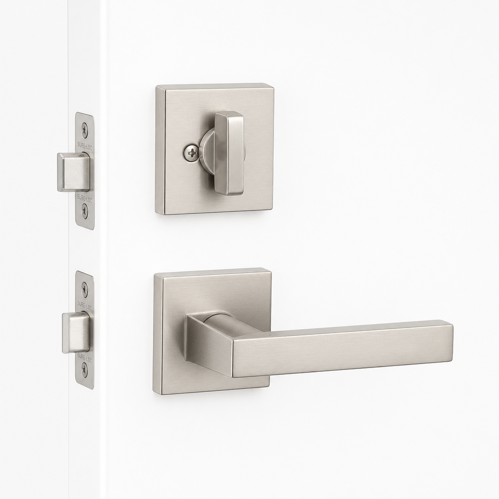 Stockholm + Basel Handleset interior trim in Satin Nickel