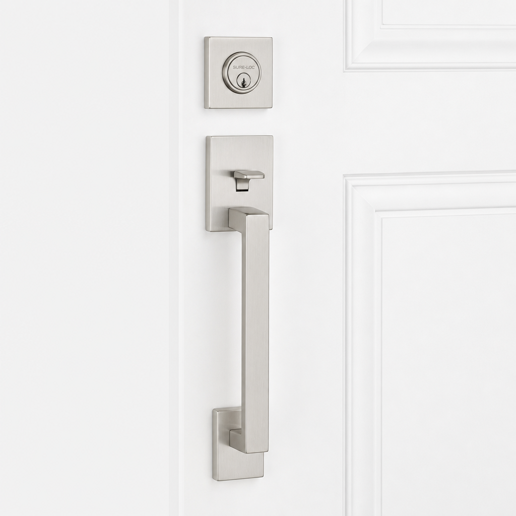 Stockholm + Basel Handleset exterior trim in Satin Nickel