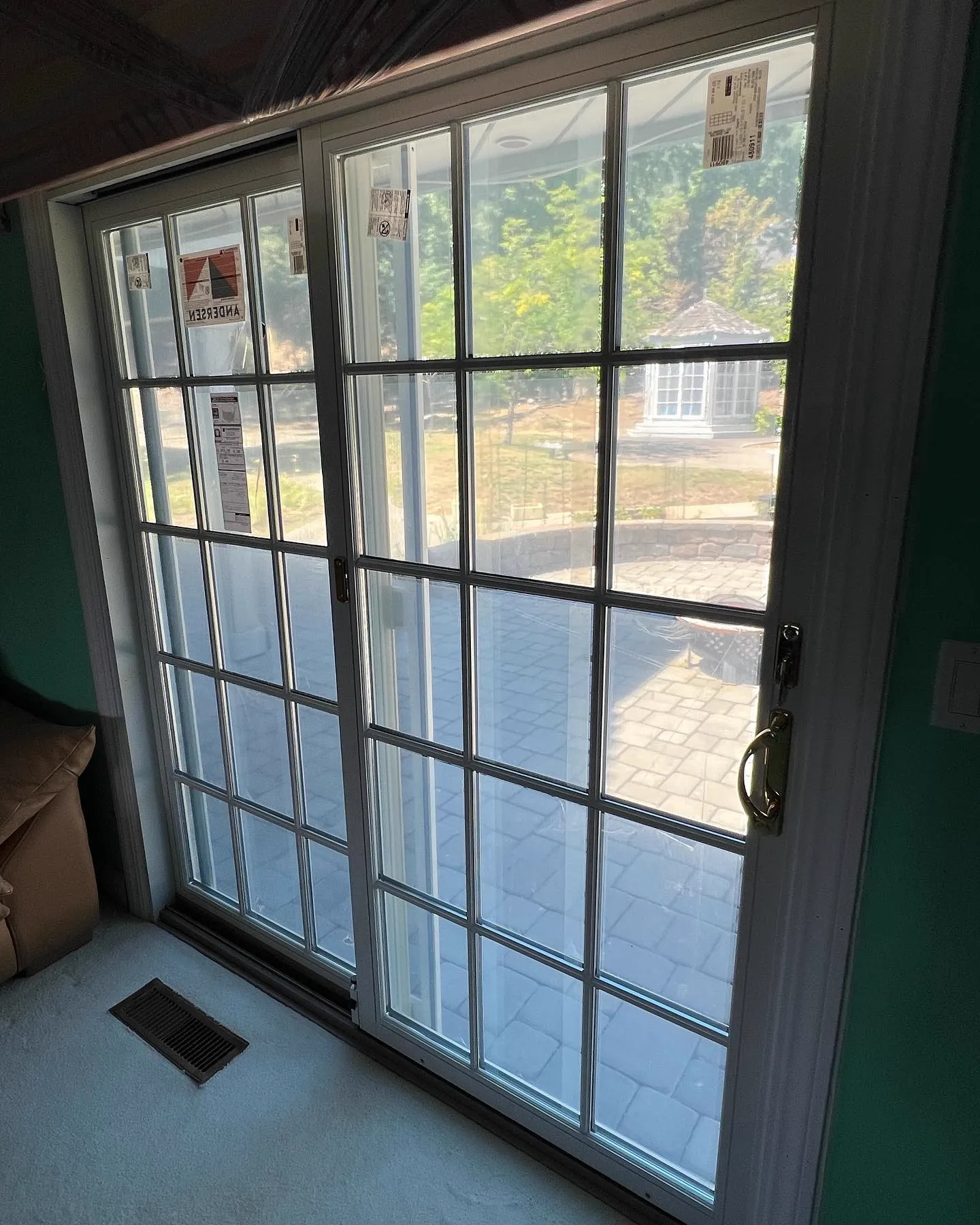 Newbury bright brass hardware on Andersen 400 Series patio door installed in Pleasanton CA