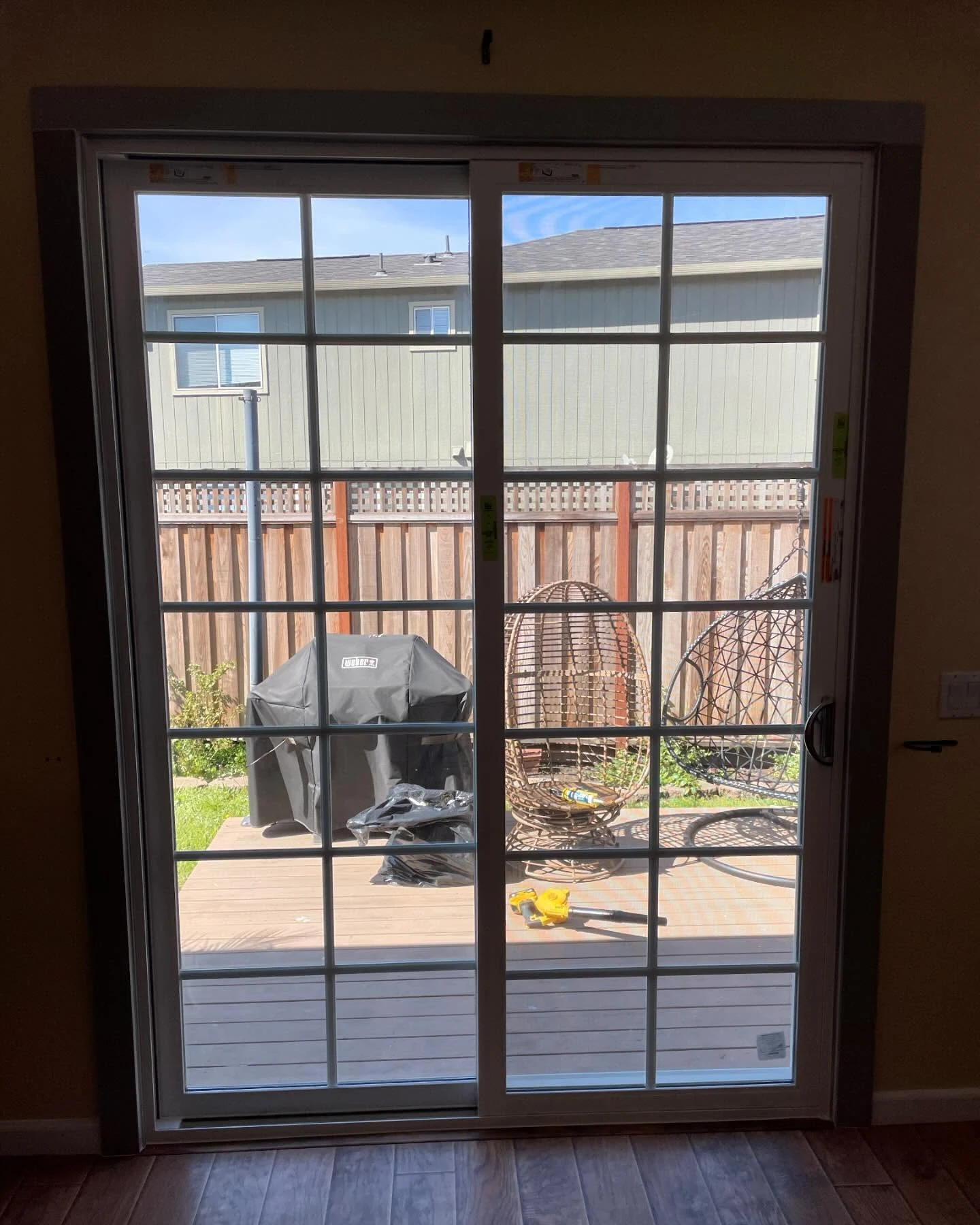 Interior view of a PlyGem vinyl sliding patio door replacement in Fremont California