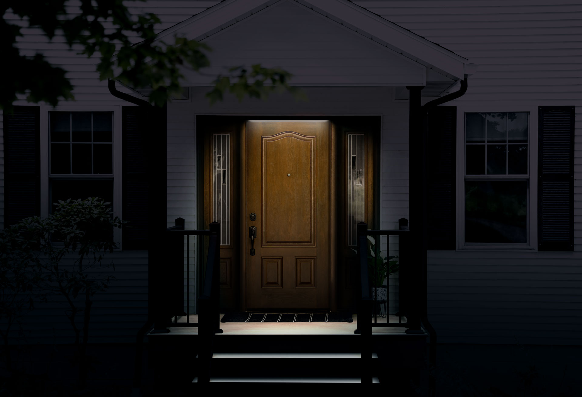ProVia LightEn™ In-Frame Light illuminating a Signet® entry door at night